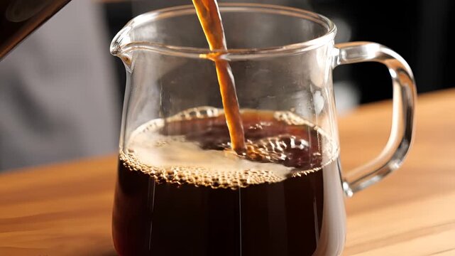 Pouring Freshly Brewed Coffee into a Glass Pitcher.
