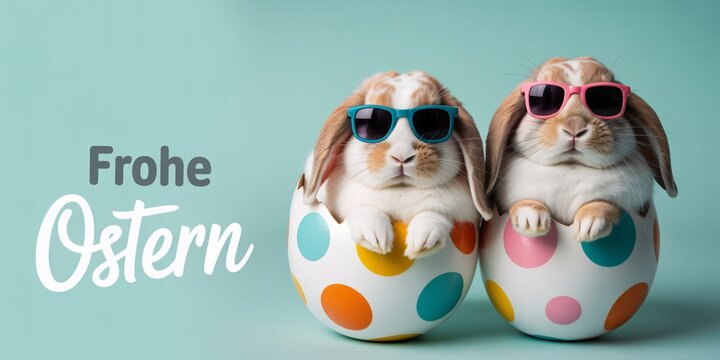 Two decorated easter eggs with bunny faces and floral patterns for early spring celebrations.