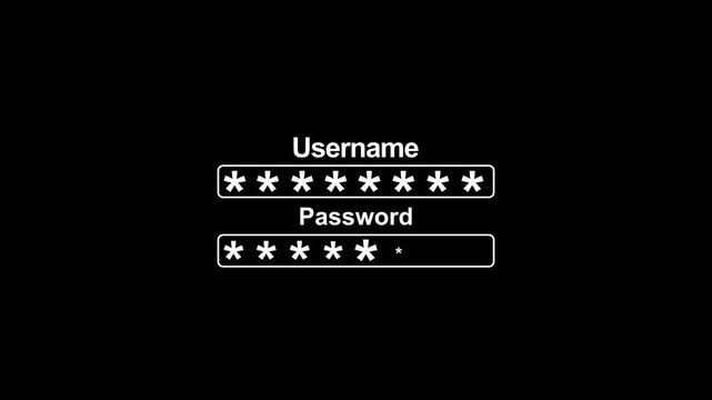Animation process of entering username and password with access denied screen and check mark on black background.
