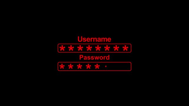 Animation process of entering username and password with access denied screen and check mark on black background.