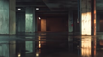 Naklejka premium Empty dark parking garage features wet concrete floor with reflections, offering a moody urban backdrop for concepts of abandonment, decay, and mystery