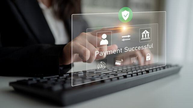 Successful transaction message showing secure payment. Payment confirmed, secured, payment processed, and payment completed with trust and transaction integrity. Latch