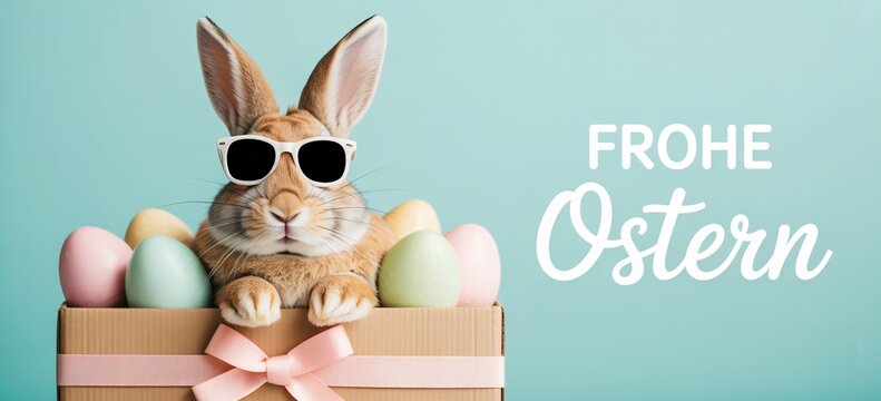 Brown rabbit with sunglasses holding colorful Easter eggs in gift box with German text.