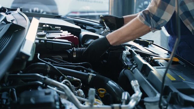 Professional car mechanic repairing engine under hood in auto service