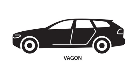 Black wagon car silhouette shown in simple graphic style on a white background, representing transport and automotive concepts. Hand-drawn vector illustration © 100% HAND-CRAFTED