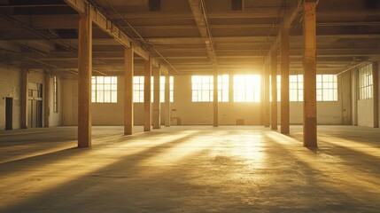 Naklejka premium Warm sunlight streams through large windows of a vacant industrial warehouse, casting long shadows across the wide concrete floor and revealing the structures expansive open design