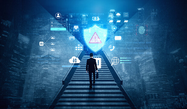 Cybersecurity concept featuring an AI detector scanning digital content for deepfakes and authenticity. Represents copyright protection, fake news prevention, and C2PA content credentials. Corpus