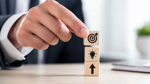 Businessman stacking wooden blocks with target lightbulb and arrow icons