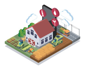 Fototapeta premium Farm scene with barn, fields, tractors, harvester and truck depicted in clean isometric style on white background, showing modern agriculture and smart farming concept. Hand-drawn vector illustration
