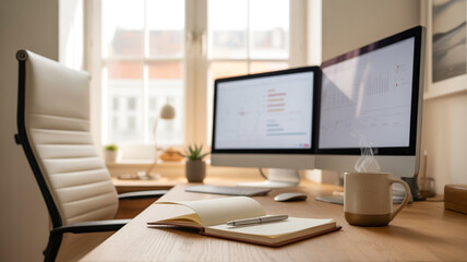 Fototapeta premium Modern Home Office Workspace with Dual Monitor Setup, Open Notebook, Natural Plants, Coffee Mug and Natural Window Light - Minimal Productive Desk