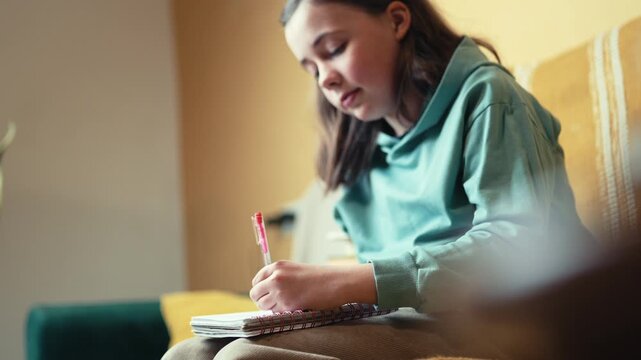 Preteen Girl in Big Glasses Writing in Notebook while Sitting on Couch with Stack of Books &mdash; Cinematic 4K 10-bit	
