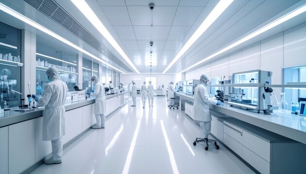 Luminous High-Tech Laboratory with Scientists in Sterile Protective Suits