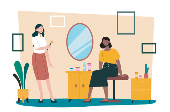 Two women in beauty studio with cosmetics, flat style on light interior background, concept of makeup process and skincare routine. Hand-drawn vector illustration