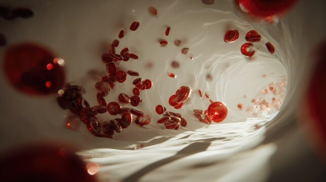 Red blood cells are moving swiftly through a narrow human blood vessel, illustrating microcirculation and the vital transport of oxygen and nutrients throughout the body