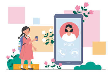 A girl using a mobile device with a big call screen in flat cartoon style on soft color background, showing communication concept. Hand-drawn vector illustration