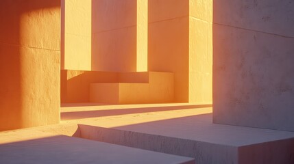Naklejka premium Brutalist architecture featuring geometric forms and textured concrete walls bathed in warm sunlight, casting long, stark shadows across the minimalist scene