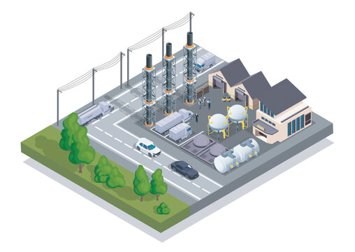 Illustration shows an isometric industrial facility with machinery, storage tanks, vehicles, and workers on a clean background, symbolizing modern industry. Hand-drawn vector illustration