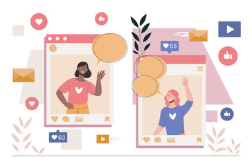 Fototapeta premium Two people in social media frames waving in a clean cartoon style on a light background, showing communication and online connection concept. Hand-drawn vector illustration