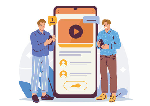 Two people using smartphones near a large mobile interface, in a flat cartoon style, on a light background, showing a communication concept. Hand-drawn vector illustration