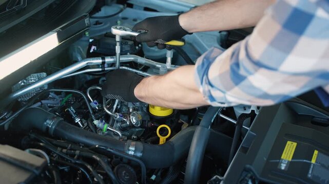 Mechanic repairing a car engine with a ratchet wrench