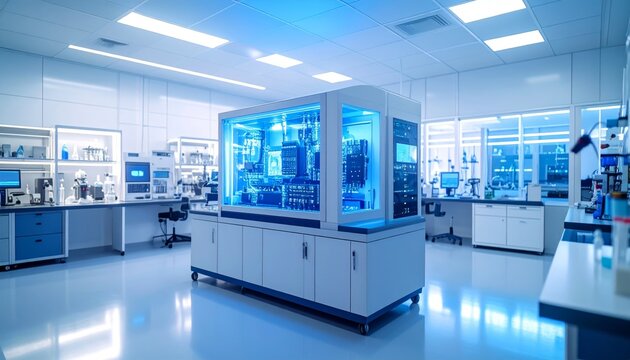 Luminous Blue Bio-Reactor at the Heart of a Modern Research Laboratory