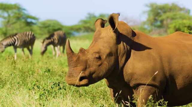 A big black rhinoceros (Diceros bicornis) with a herd of Zebras grazing in Savanah, South Africa. 