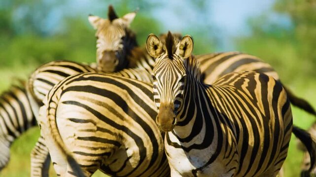 Portrait of Burchell's zebra (Equus quagga burchellii) Looking straight into the camera.