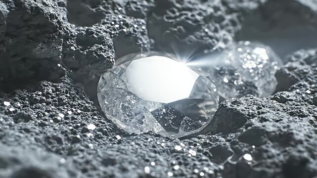 Macro view of raw unpolished diamonds embedded in dark gray rocky ore, bright cinematic beam of light illuminating the facets, creating an intense starburst lens flare, dramatic studio lighting