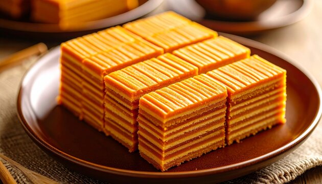 Artisanal Thousand Layer Cake Slices with Golden Stripes on a Rustic Plate