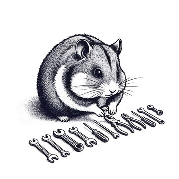 Hamster holding a small screwdriver toy.