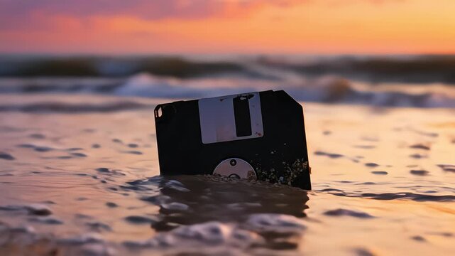 Low angle shot of a retro black floppy disk half buried in wet beach sand during golden hour with ocean waves washing over under soft warm sunset light