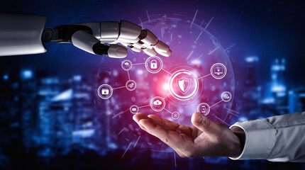 Obraz premium AI artificial intelligence strengthens cybersecurity with intelligent threat detection, virtual assistant alerts, and proactive protection agAI artificial intelligencenst digital breaches. Vouch
