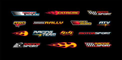 Racing Car sport Stripes flames stickers decals. Extreme sports racing, rally, off road , 4x4, flame stickers design. Racing team design elements. Vector stickers set for motorsport and rc cars decal © VRTX