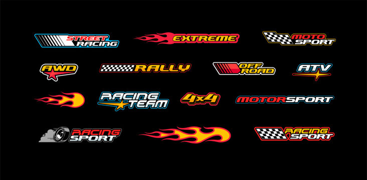 Racing Car sport Stripes flames stickers decals. Extreme sports racing, rally, off road , 4x4, flame stickers design. Racing team design elements. Vector stickers set for motorsport and rc cars decal