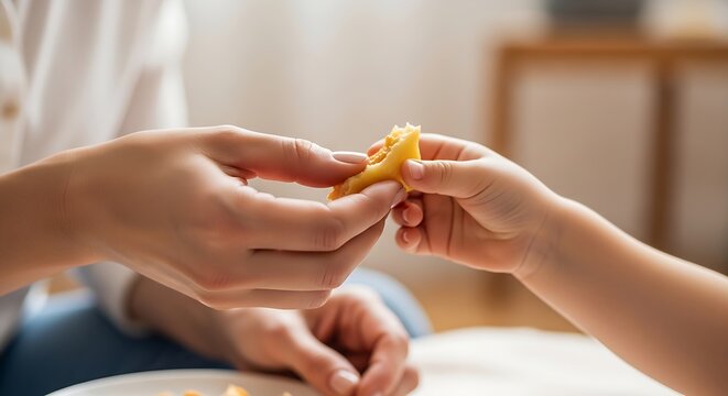 Adult sharing food with child in a bright indoor setting