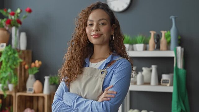 Woman florist with arms crossed wearing apron among bouquets and potted plants in studio workshop with shelves and clock visible; confidence care.