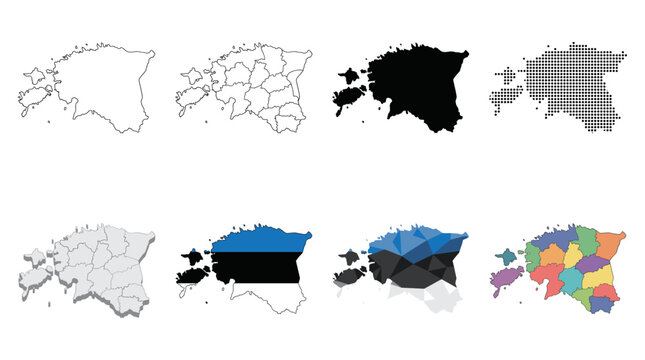 Estonia map set with regions outline silhouette flag colors and dotted geometric styles vector