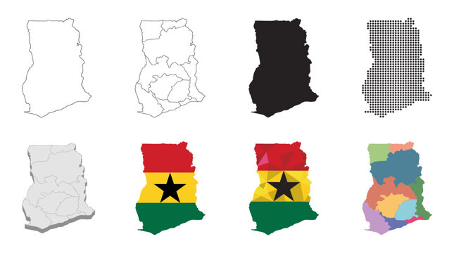Ghana map set with regions outline silhouette flag colors and dotted geometric styles vector