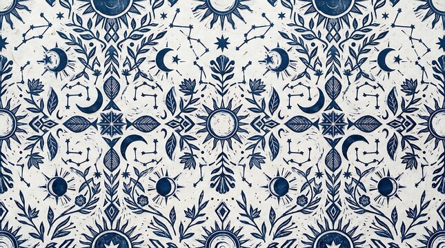 Indigo blue celestial linocut seamless pattern with mystical sun moon stars and botanical leaves in rustic woodblock style