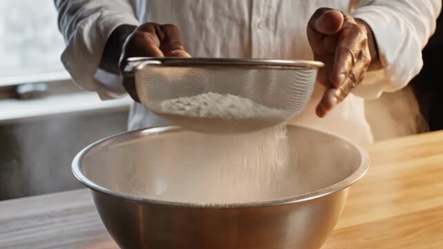 A person sifting flour into a stainless steel bowl in a kitchen, preparing for baking.