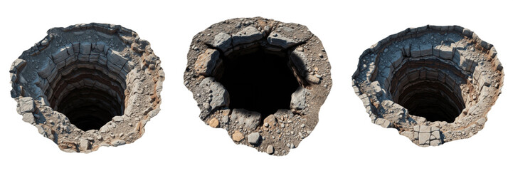 Fototapeta premium Deep Dark Round Well or Hole in Ground Isolated on White Background for Mystery Conceptual Architecture and Landscaping Design