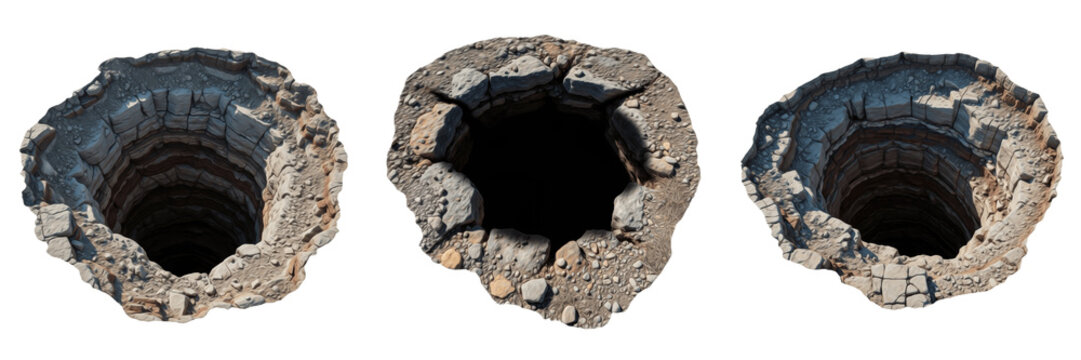 Deep Dark Round Well or Hole in Ground Isolated on White Background for Mystery Conceptual Architecture and Landscaping Design