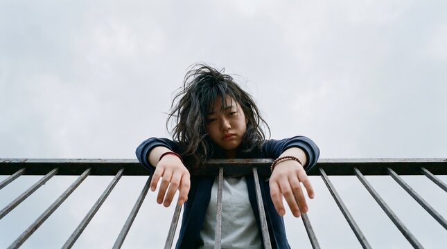 The metal bars act as a cage for a spirit defeated by exhaustion. Her messy hair and vacant stare evoke a raw, suffocating entrapment within one's own mind against an indifferent, overcast sky.