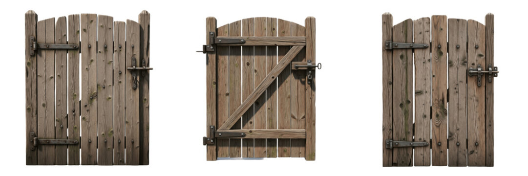 Rustic Wooden Garden Gate with Metal Hardware Isolated on White Background for Farmhouse Decor Landscaping Entrance and Rural Architecture Design Concepts