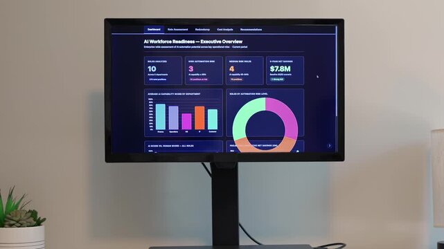 Business analyst reviews dashboard showing cost savings, ROI, and workforce readiness for AI integration and job replacement - SaaS layoff concept
