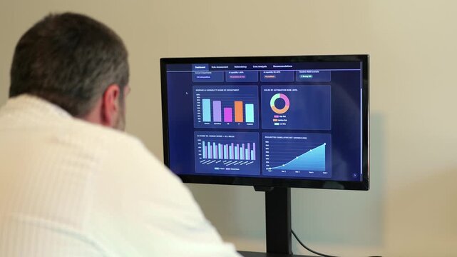 Business analyst reviews dashboard showing cost savings, ROI, and workforce readiness for AI integration and job replacement - SaaS layoff concept