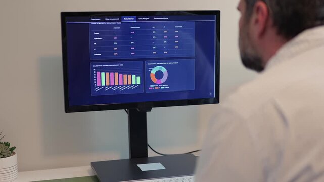Business analyst reviews dashboard showing cost savings, ROI, and workforce readiness for AI integration and job replacement - SaaS layoff concept