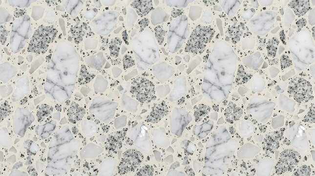 Seamless modern terrazzo pattern with large white marble fragments and grey granite chips for luxury interior design background