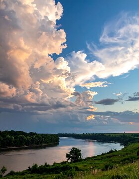 Scenic river winding through a lush green landscape under a dramatic sky with billowing clouds catching the sunlight