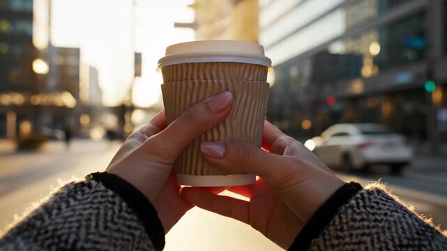 Holding Coffee Cup in City Street at Sunset.